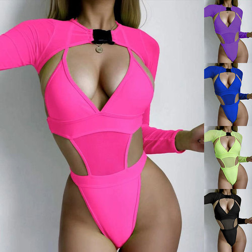 Multicolored Sexy Triangular One-Piece Swimsuit for Women, European and American Style Long-Sleeved Sheer Hot Spring Bikini Set
