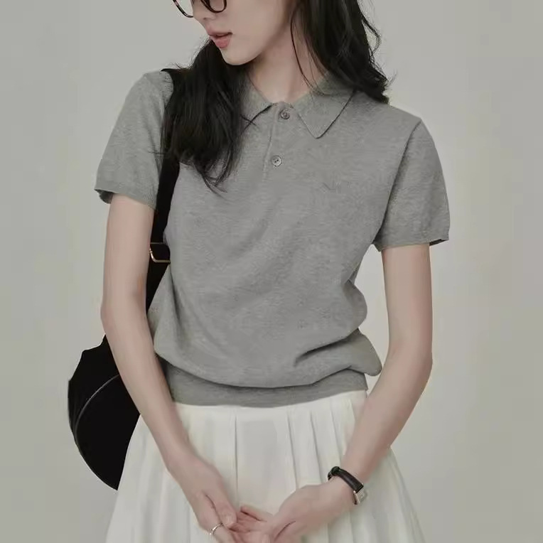 2026 Summer New Style Knitted Embroidered Polo Shirt New Style T-Shirt Short-Sleeved Top for Women 2026 Summer New Style Knitted Embroidered Polo Shirt New Style T-Shirt Short-Sleeved Top for Women