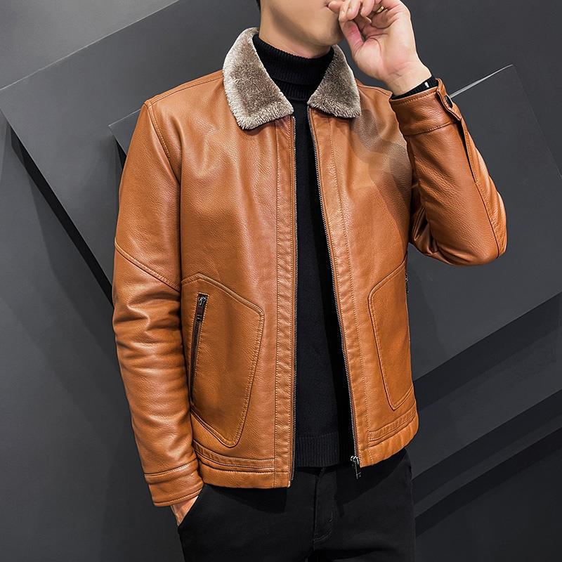 Men's Clothing leather jacket plus velvet thickened autumn and winter jacket leather jacket handsome casual versatile lapel leather jacket_voghion.com