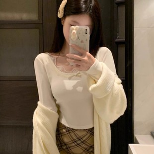 Grinded wool lace pure wind base shirt women's autumn and winter foreign style fur coat with long sleeve T-shirt short top
