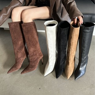 Pointed Toe Stiletto European and American Style Suede High-heeled Boots for Women 2024 Autumn and Winter New Straight-leg Large-tube Slim Boots