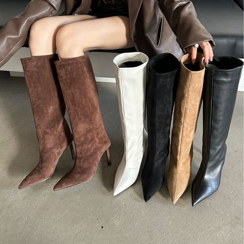 Pointed Toe Stiletto European and American Style Suede High-heeled Boots for Women 2024 Autumn and Winter New Straight-leg Large-tube Slim Boots