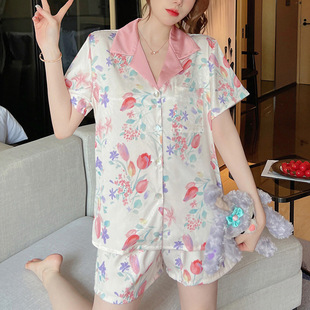 K-style Summer pajamas for Women, Ice Silk Short-sleeved Shorts, Cute Girly Heart, Simulated Silk Lapel Home Clothes, pajamas