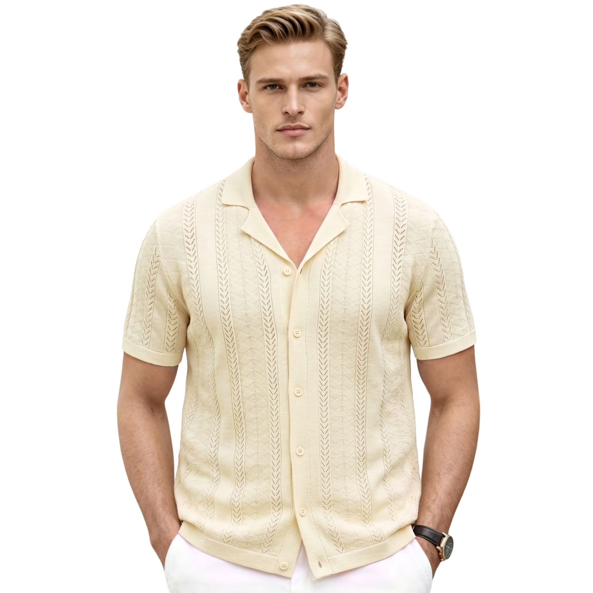 Verano cuello cubano agujero Jacquard camiseta de punto de color sólido transpirable cardigan casual polo camiseta de hombre transfronterizo SJ0194