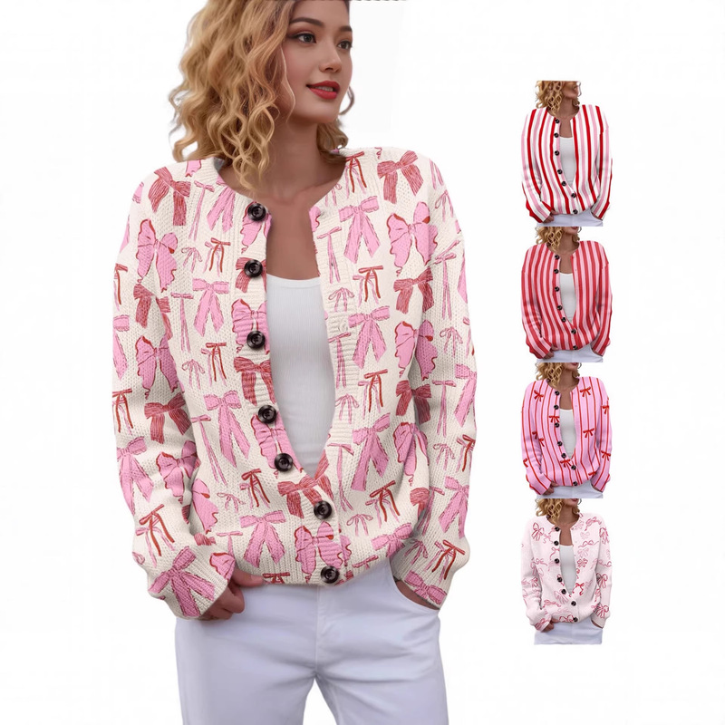 2026 Round Neck Cardigan 3D Printed Imitation Sweater Valentine's Day Women's Clothing Amazon Cross-Border New Cardigan