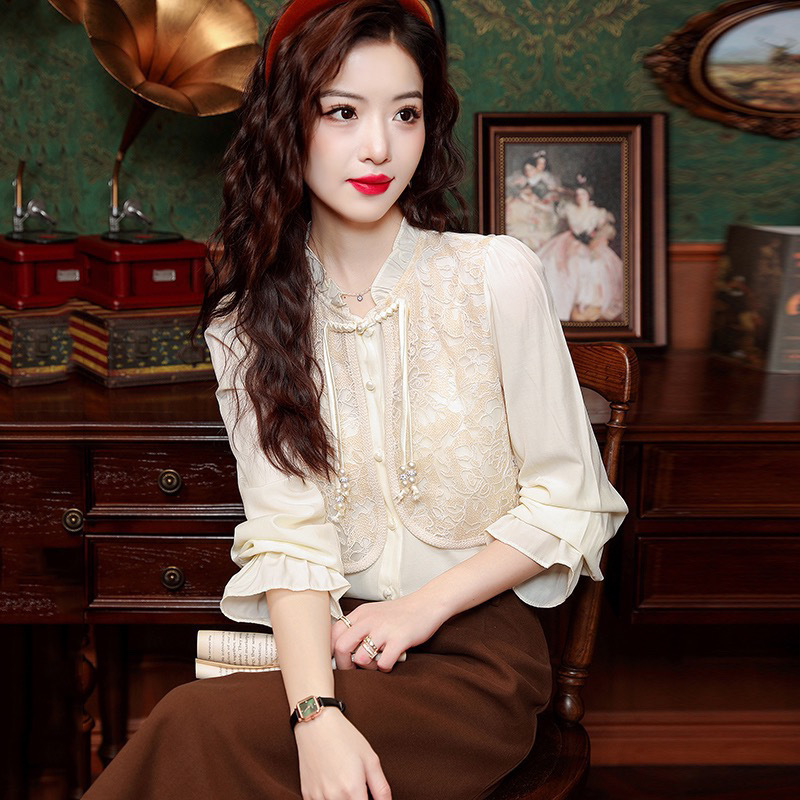 早春新中式国风长袖雪纺衬衫女春装2025新款盘扣绣花小衫女士上衣|undefined