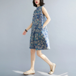 Summer Vintage Artistic plus size Printed Modified Cheongsam Loose Mid-length chubby girl Slimming Belly Covering Cotton Linen dress Women