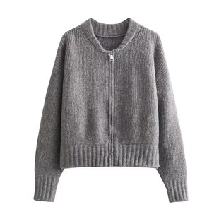 Foreign trade wholesale autumn new European and American style zipper round neck knitted cardigan pilot jacket coat