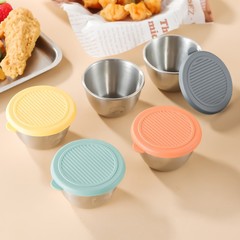 ステンレス製のディップソーサー、漏れ防止シリコン蓋付きソースカップ、キッチン用調味料、醤油小皿