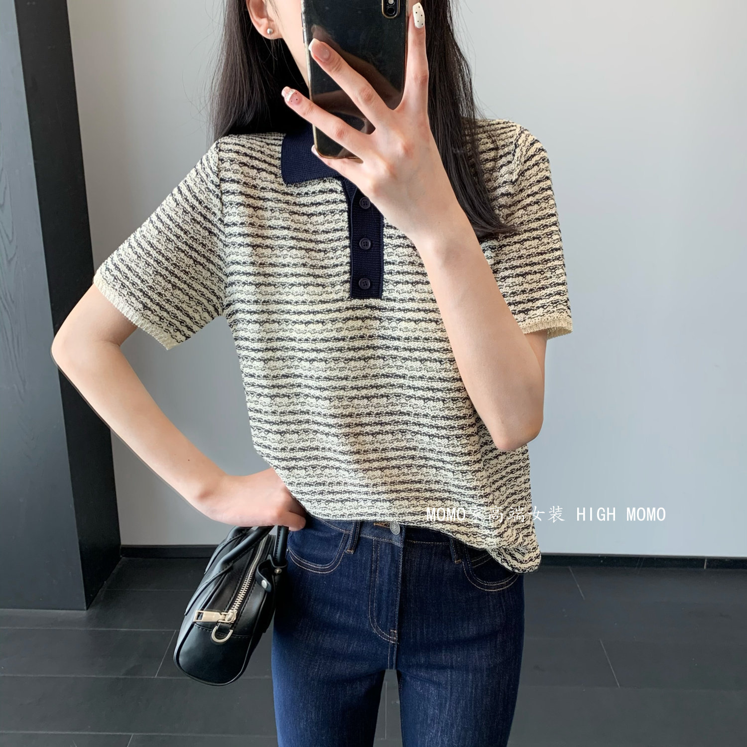 法式撞色~显白洋气拼色显瘦圆领polo领亚麻条纹短袖女夏新款2026