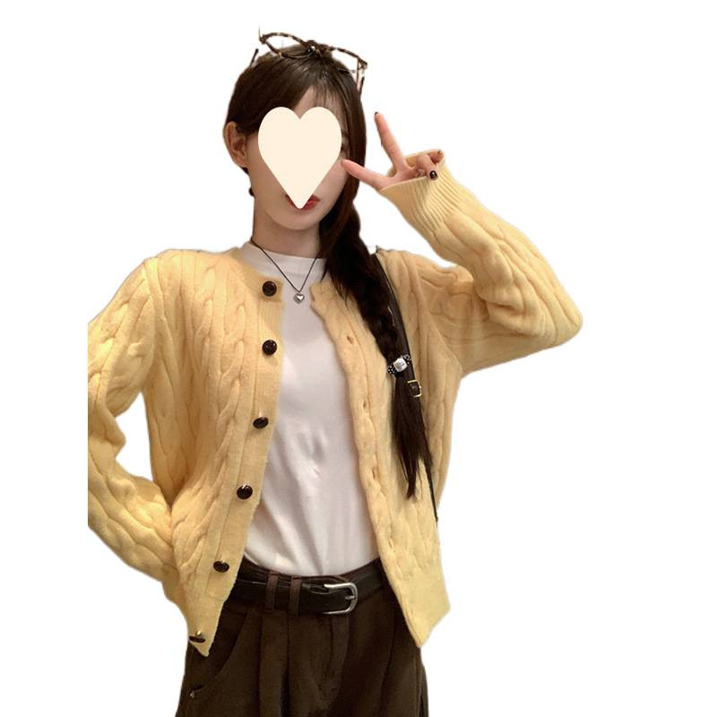 鹅黄色麻花针织开衫女春季新款外套排扣设计感长袖宽松上衣|undefined
