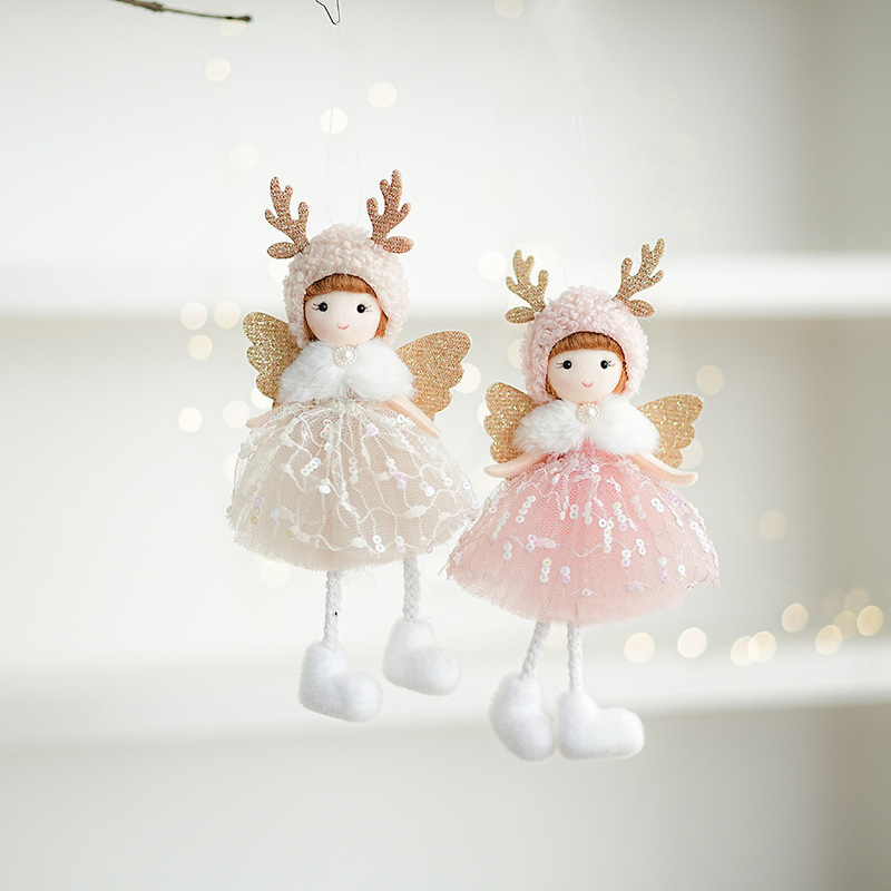 クリスマスの天使の人形のペンダントクリスマスツリーの装飾のぬいぐるみの角のピンクの女の子のペンダントの新年の装飾用品|undefined