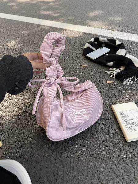 2026 Autumn and Winter New Corduroy Pleated Underarm Bag for Women, Korean Style Bow Shoulder Bag, Fashionable and Versatile Small Bag