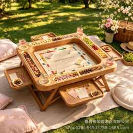 木质野餐桌游戏棋牌桌椅多米诺骨牌架扑克牌玩具盘麻将桌零食架