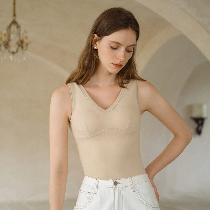 V-neck cotton and silk women's thermal underwear, autumn base layer, with thermal lining, fixed cups, high elasticity, skin-friendly
