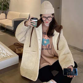 秋冬季加绒加厚仿羊羔毛连帽外套女韩系风宽松休闲洋气长袖上衣女