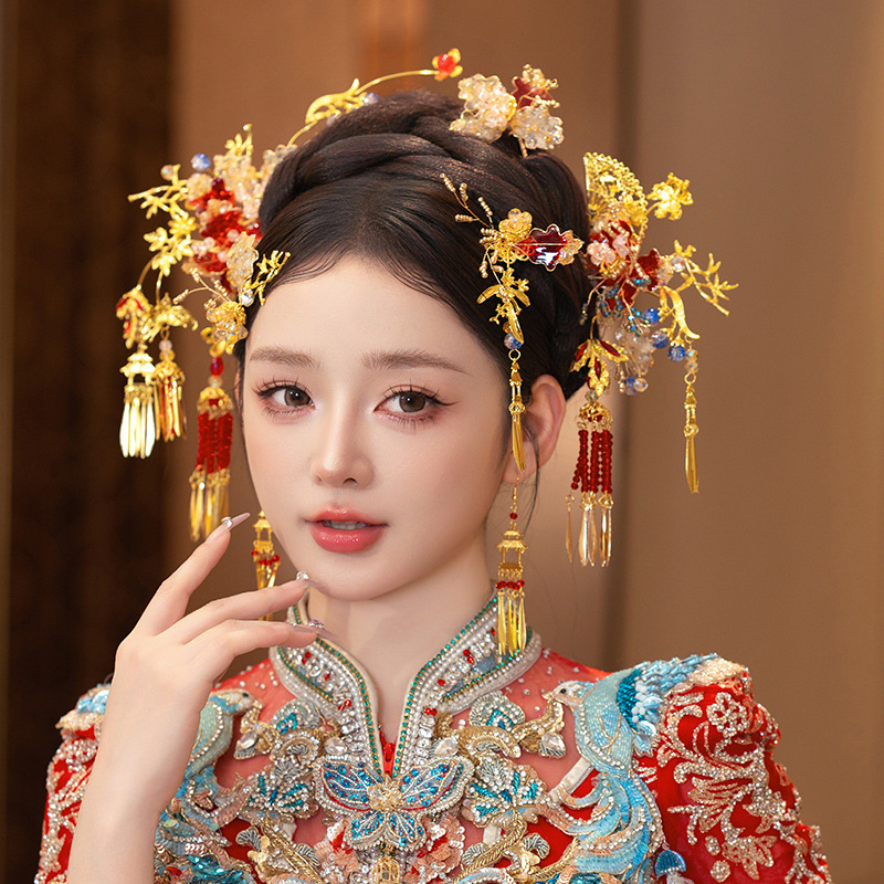 新娘秀禾头饰红色新款高级复古红金色水晶发簪中式汉服龙凤褂发饰|undefined