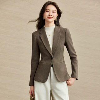咖色毛呢西装外套女秋冬2026新款休闲气质小个子高端毛呢西服上衣