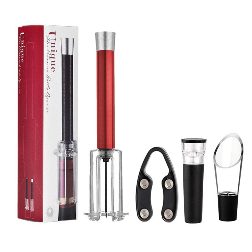 Caja de color-nueva presión de aire de aluminio rojo abierto vacío tapón de vino conjunto de cuatro piezas