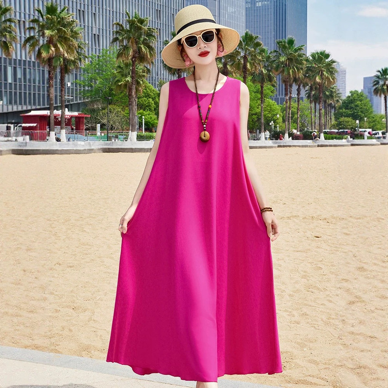 New Summer Color Cotton Silk Dress for Women, Elegant and High-End, Casual Sleeveless Tank Dress for Beach Vacation New Summer Color Cotton Silk Dress for Women, Elegant and High-End, Casual Sleeveless Tank Dress for Beach Vacation