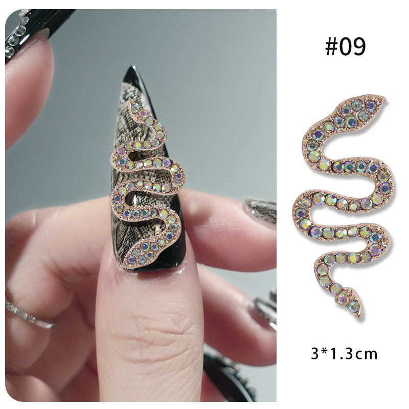 Aleación de uñas serpiente incrustada en diamantes accesorios de uñas tridimensionales Diamante de uñas joyas de metal oro plata diamante accesorios de uñas