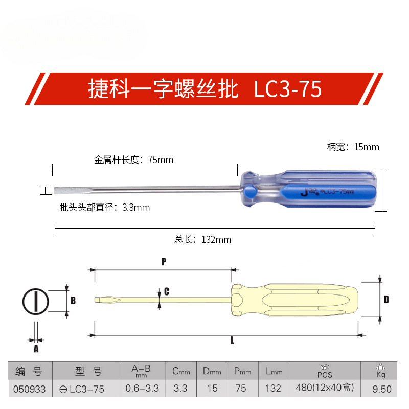 Herramientas de Czech, destornillador de una cruz, destornillador de mango de barra de color con boca plana magnética LC-