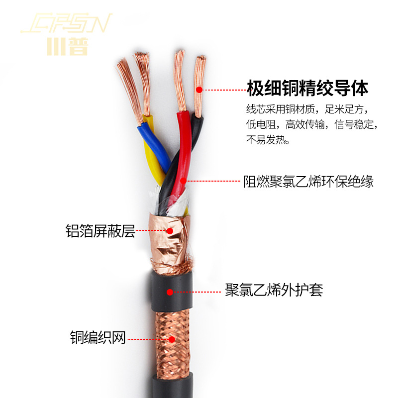 国标纯铜rs485通讯线信号线RVVSP双绞屏蔽线2/4/6/8芯1/1.5方电缆