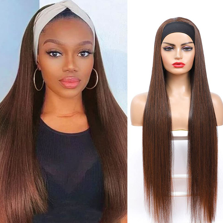 Parrucca liscia con fascia per capelli – Capelli sintetici resistenti al calore in nero/marrone/bordeaux (24/26/28/30/32 pollici)_voghion.com