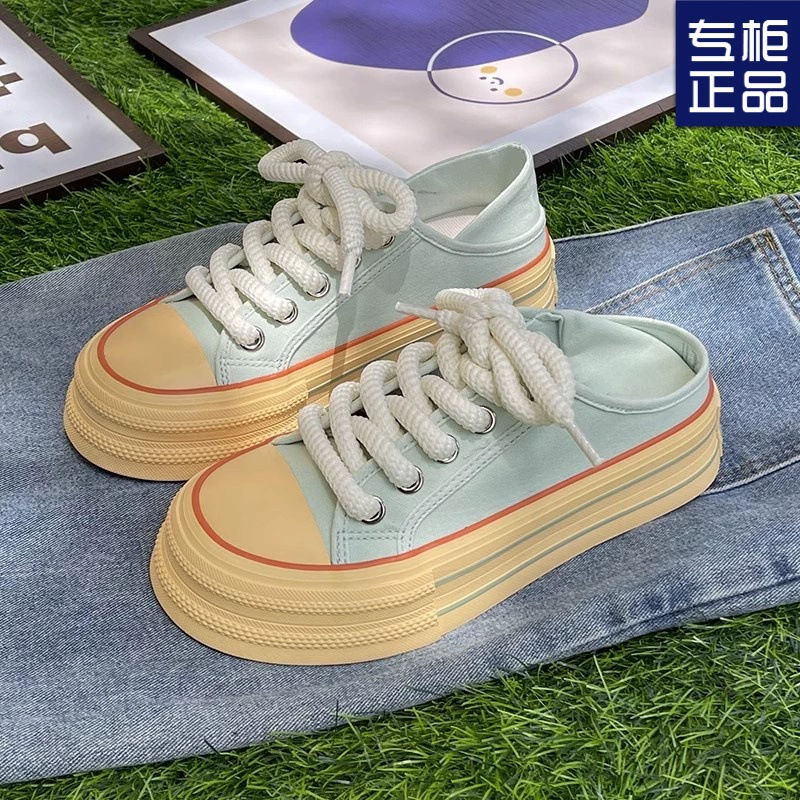 Летние универсальные льняные парусиновые туфли на толстой подошве, увеличивающие рост, 2025 г. для женщин, классические повседневные туфли без шнуровки мятно-зеленого цвета с двусторонним ношением.