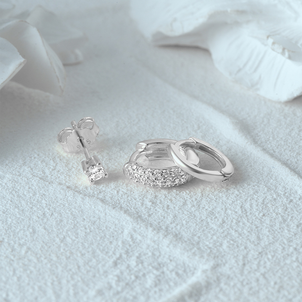 Geometric Pattern 3 Pieces Set 925 Sterling Silver Zircon Geometric Earrings Ear Studs
