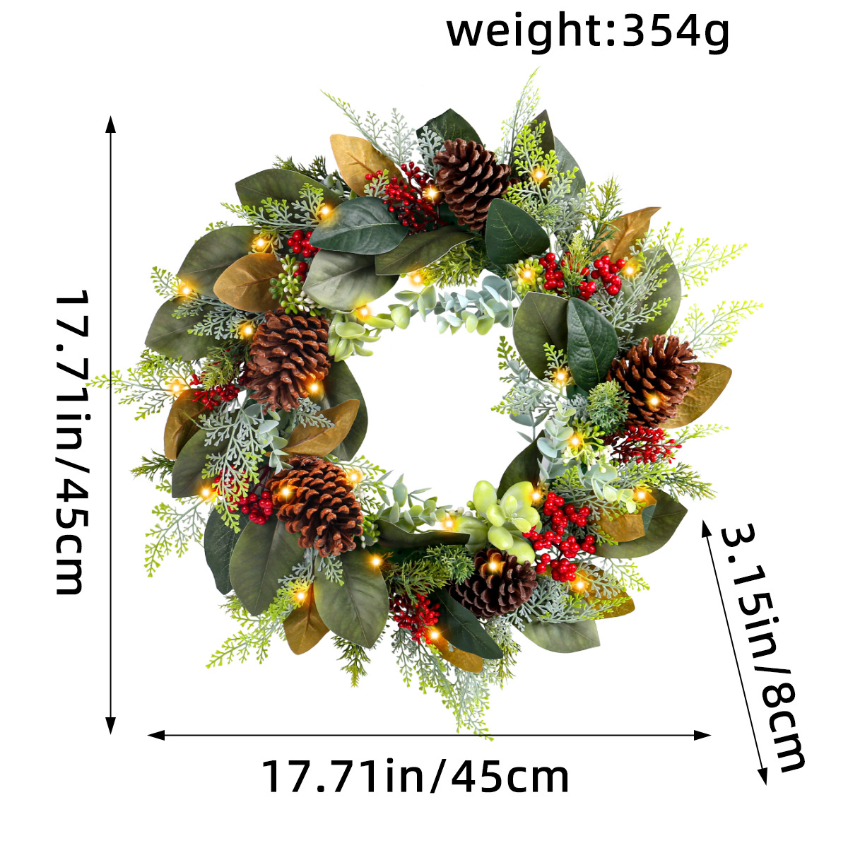 Navidad transfronteriza guirlanda de pino luminosa ventana puerta colgante patio fruta roja imitación hojas decoración de pared