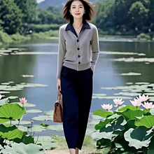 中老年妈妈穿搭一整套春秋时尚气质撞色针织衫+松紧腰阔腿裤套装