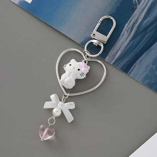 Sweet and Cool Style Hollow-Out Heart Hello Kitty Pendant Pink Crystal Heart Pearl Bow Keychain Bag Charm
