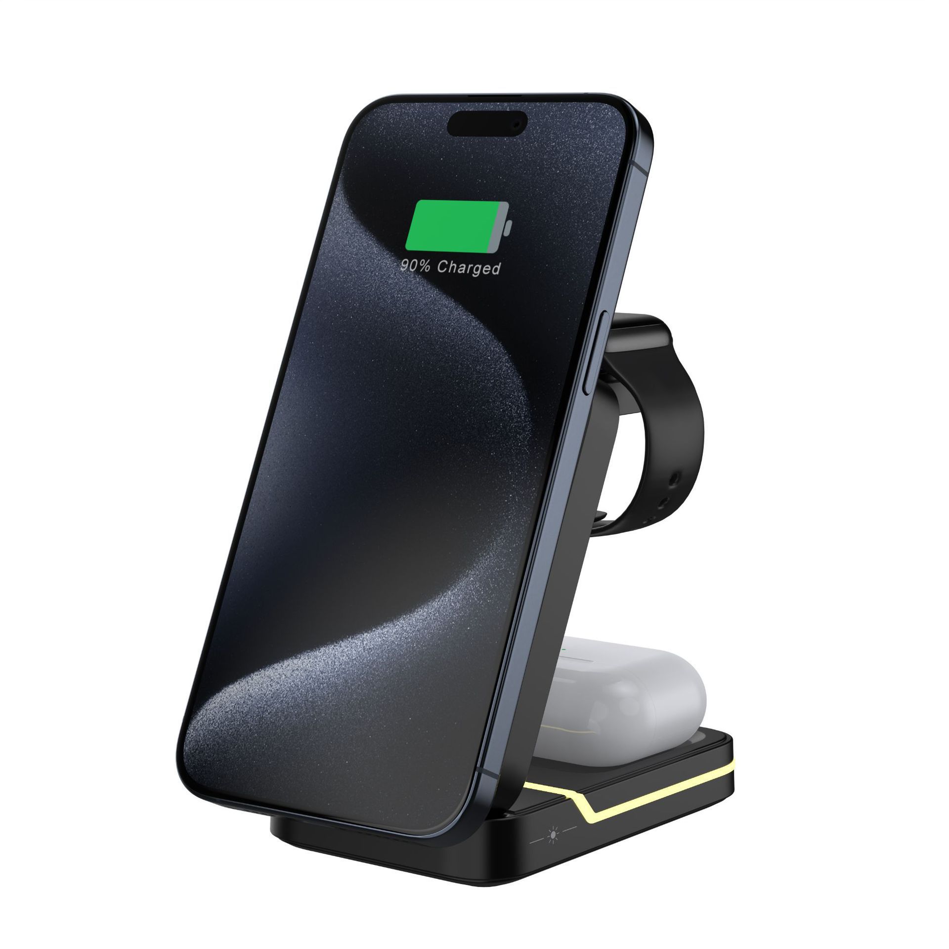 Soporte de carga inalámbrico magnético tres en uno, plegable y de almacenamiento, luz nocturna, para auriculares, reloj, teléfono móvil, cargador inalámbrico vertical de carga rápida