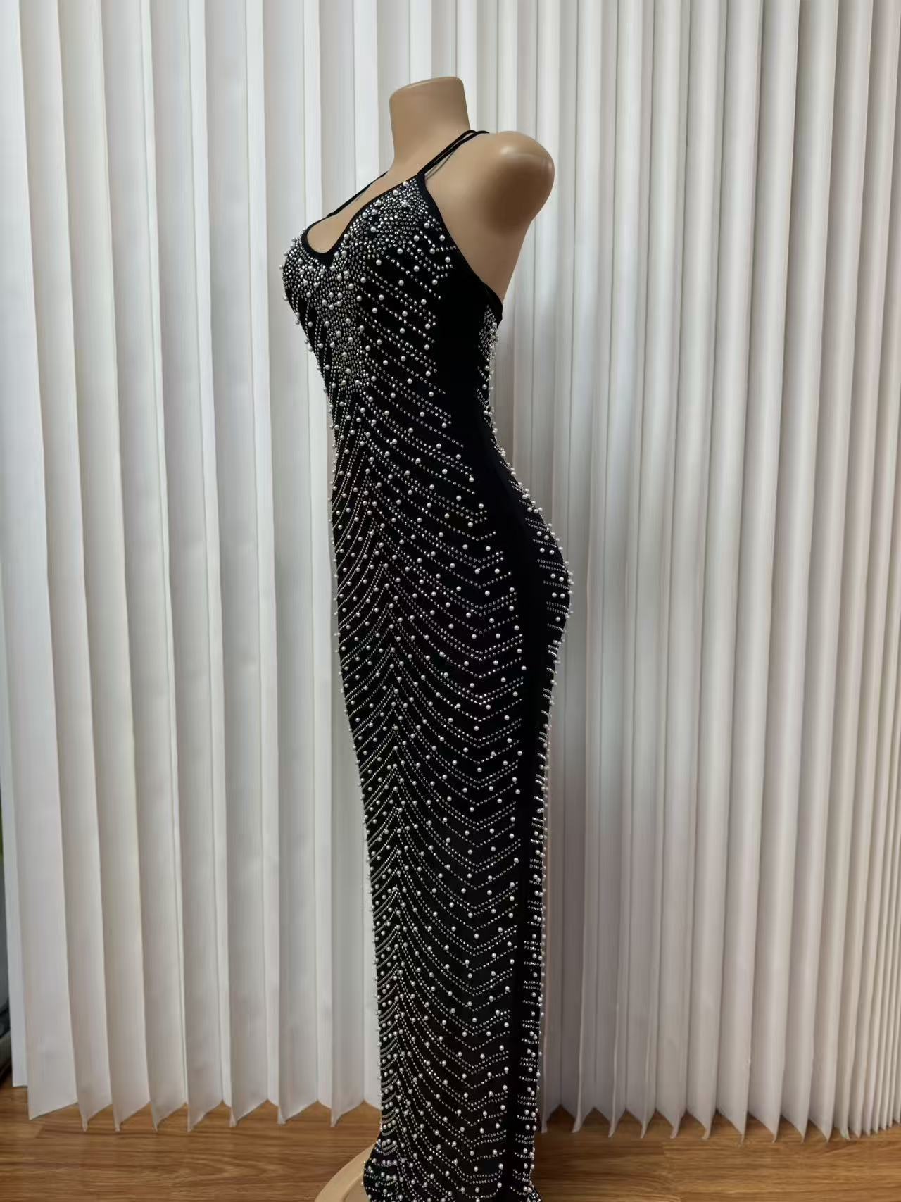 Elegant Backless Bodycon Midi Dress With Pearl Accents | Sexy Mesh & Rhinestone Strap Dress For Parties & Date Nights_ecoleips.com
