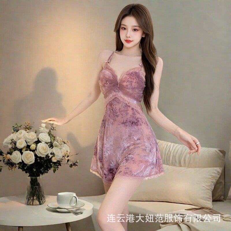 Cross-Border Japanese and Korean Style Sexy Nightgown Set with Deep V and Breast Pads, Pure Velvet Burnt Lace French Light Luxury Underwear Cross-Border Japanese and Korean Style Sexy Nightgown Set with Deep V and Breast Pads, Pure Velvet Burnt Lace French Light Luxury Underwear