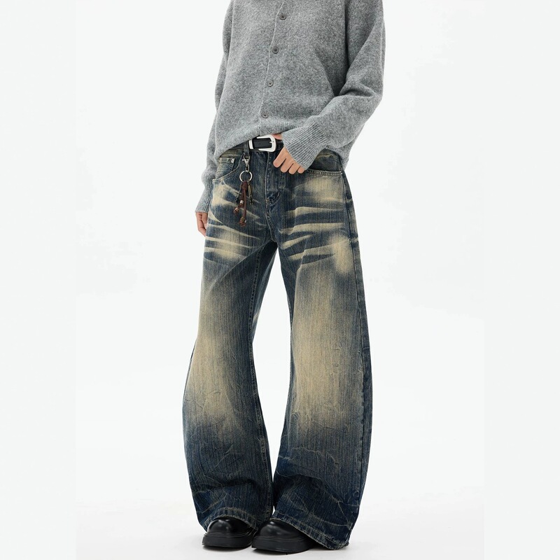 Independent brand American retro lightning pattern distressed cat-ear wash jeans for men and women, niche washed silhouette slimming scythe pants Independent brand American retro lightning pattern distressed cat-ear wash jeans for men and women, niche washed silhouette slimming scythe pants