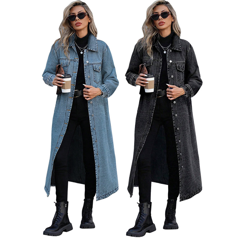 Elegant Long Denim Coat For Women, Mid Blue And Black Trench Style Jacket, Versatile Career Outerwear For Fall_ecoleips.com