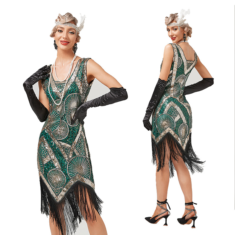 Transfronterizo nuevo bordado pesado con cuentas vestido de lentejuelas vestido de banquete europeo y americano vestido de borla con cuello en V más el tamaño en stock image 6