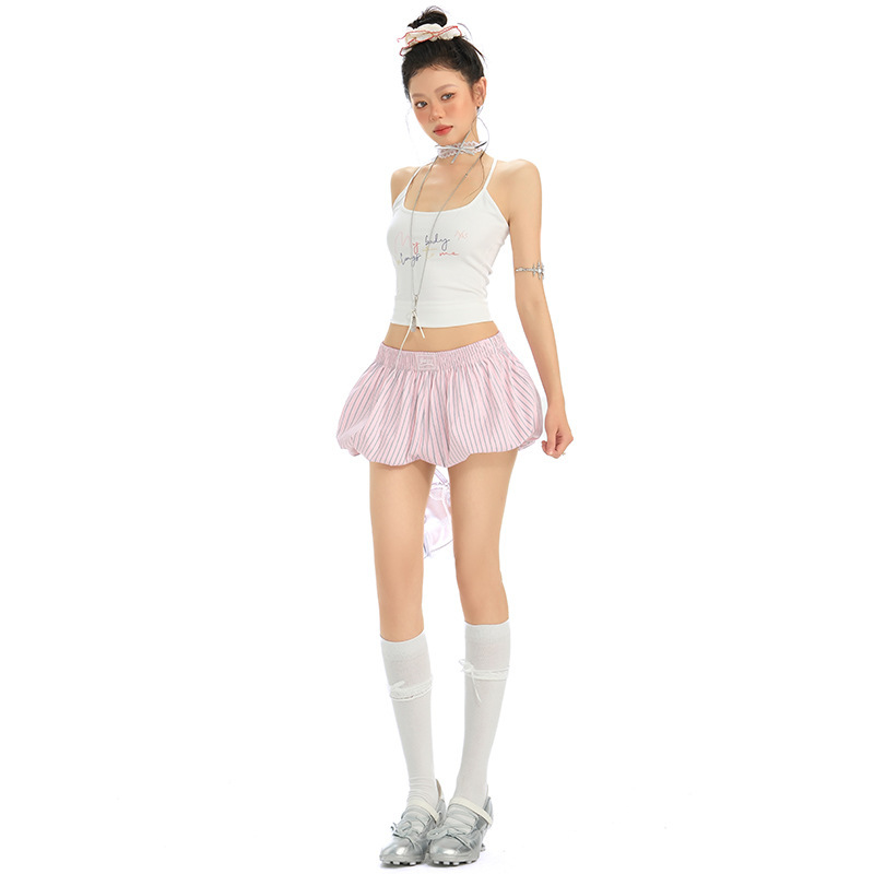 Orange Silk Women's Clothing # Pink Striped Flower Bud Short Culottes for Women Summer New American Low-Waist Casual Sports Hot Pants