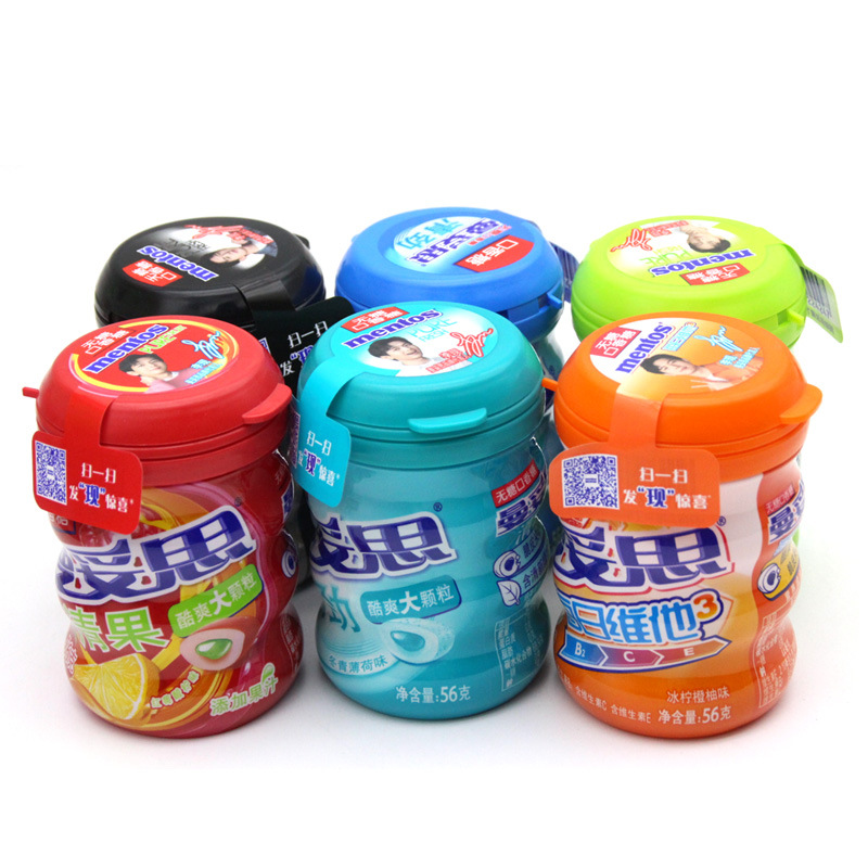 Mentos Xtra Fresh Gum, 56g x 6 Bottles, Large Pieces, Mint Flavor, Citrus & Red Berry Flavor