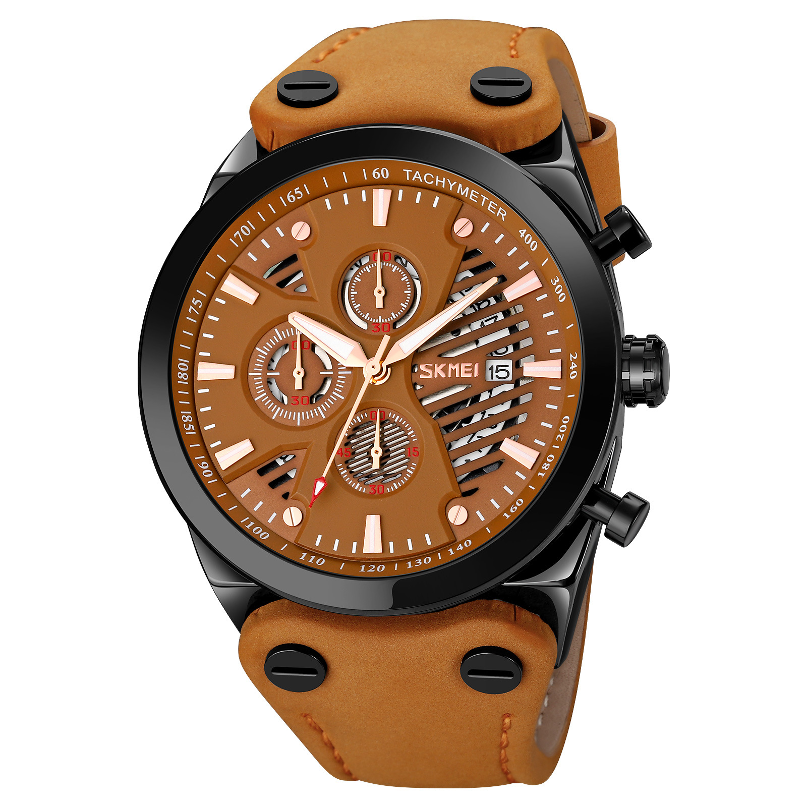 Momentos de moda retro hombres cronógrafo de cuarzo correa de cuero esfera hueca calendario reloj de pulsera de negocios transfronterizos relojes de hombre