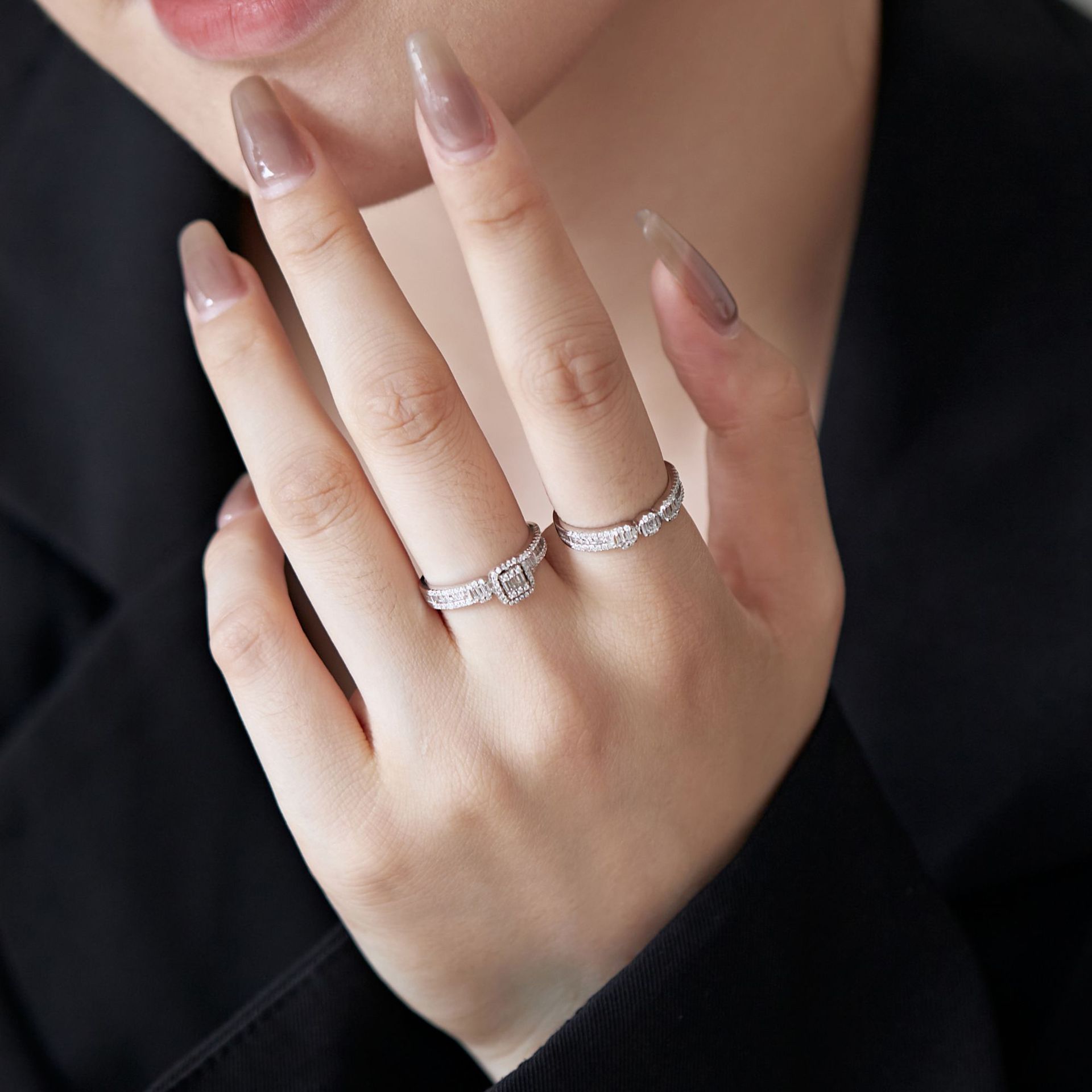 Fashion Geometric Sterling Silver Inlaid Zircon Rings 2 Piece Set