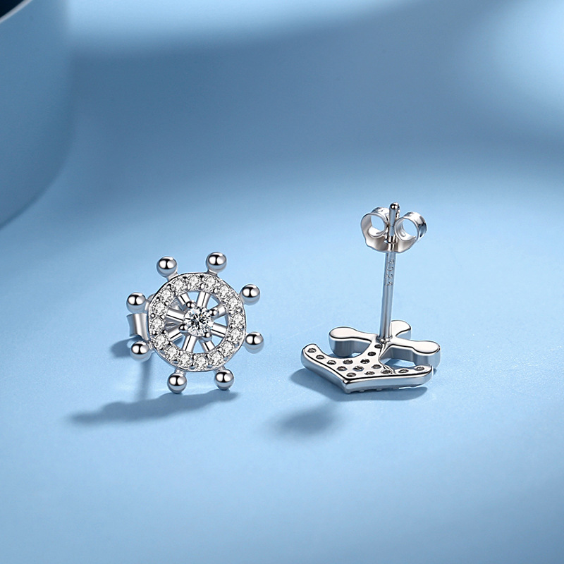 Creativo de plata esterlina timón pendientes S925 diamante completo timón asimétrico estilo coreano pendientes ins estilo mismo estilo