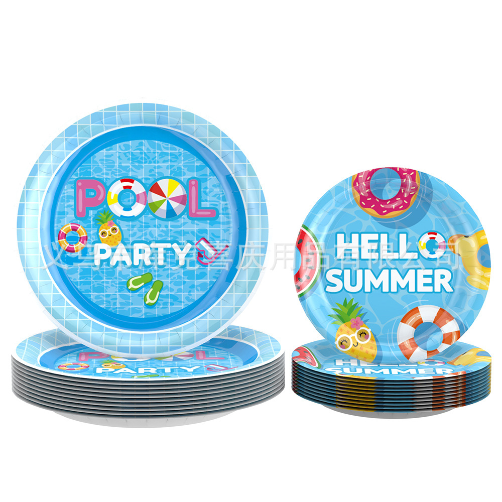 Nuevo verano piscina fiesta cena placa decoración traje verano vacaciones tema papel plato papel taza pull bandera Decoración