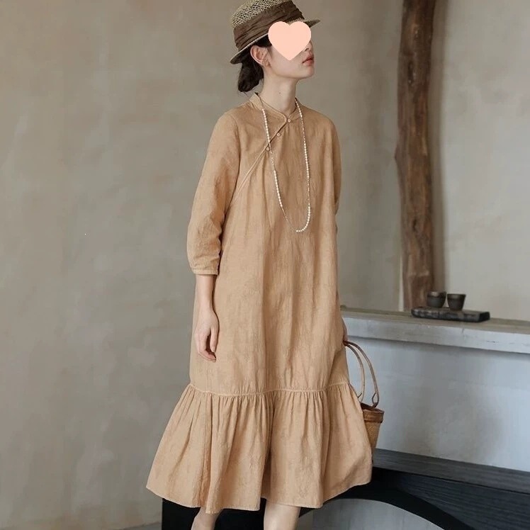 Spring and Summer New Style Loose-Fitting Slimming Linen Cotton Jacquard Artistic Retro New Chinese-Style Improved Cheongsam Dress in Light Tea Brown