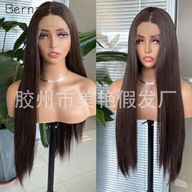 假发欧美外贸 新款棕色中分化纤假发女 化纤头套可一件代发