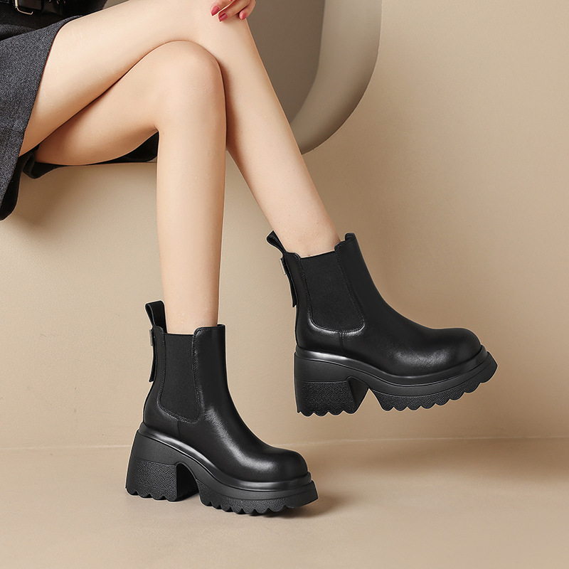 Boot Chelsea nữ da thật đế dày platform gót cao 9 cm mùa thu đông 2025 — Lớp lót đơn màu be, Lớp lót nhung đen, Lớp lót nhung màu be, Lớp lót đơn màu đen