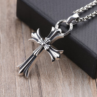 Piushuai Original Authentic Sterling Silver Necklace Men's Long Sweater Chain Nightclub Dj Hairstylist Jewelry Cross Pendant