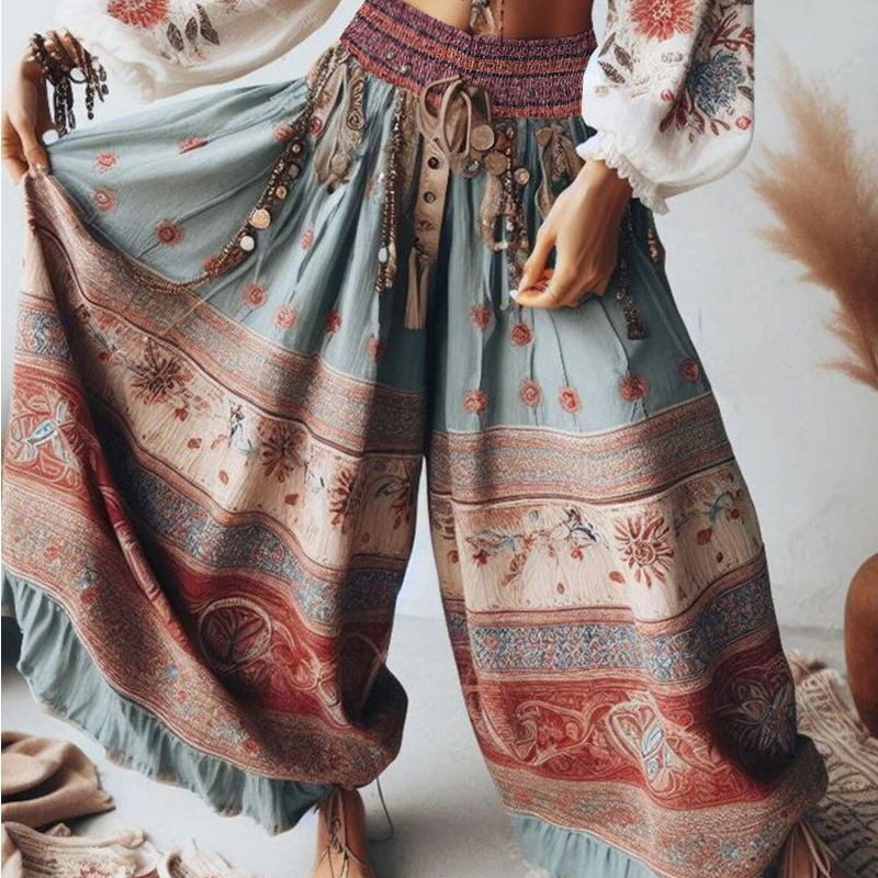 European and American Cross-Border Fashion Casual Pants Bohemian Style Patchwork High Waist New Women's Pants Wide Leg Pants